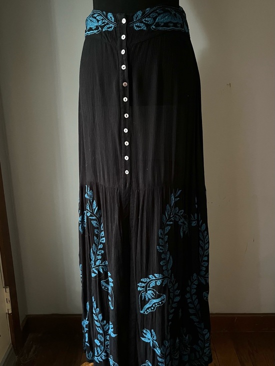 Free People Dresses & Skirts - Free People Black Gauze Embroidered Maxi Skirt Blue Boho Button Front Size 4